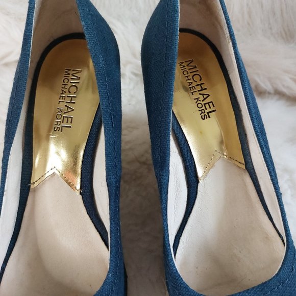 Michael Kors Women's Blue Gold MK Espadrille Wedge Peep Toe Sandals 6 1/2M - Picture 6 of 9